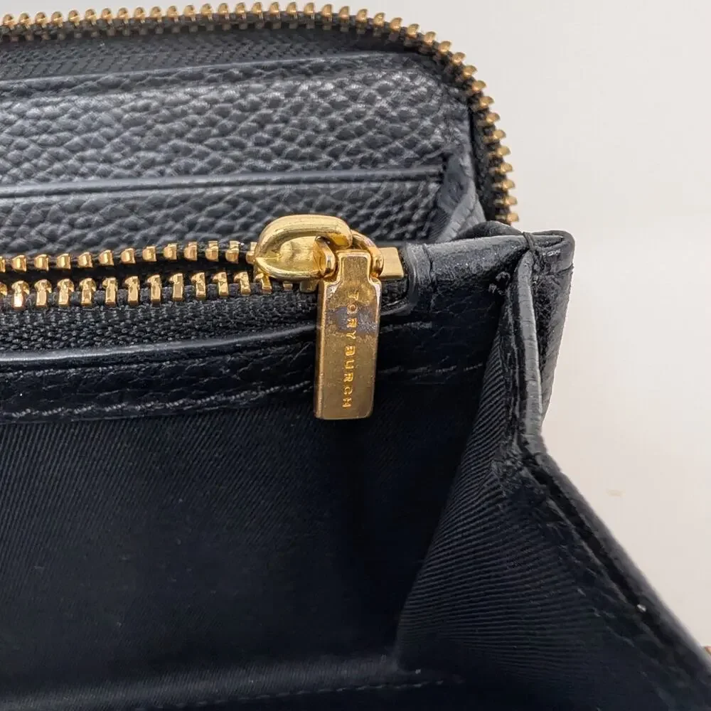 Tory Burch Black Leather Zip Around Wallet Pebbled Logo Continental